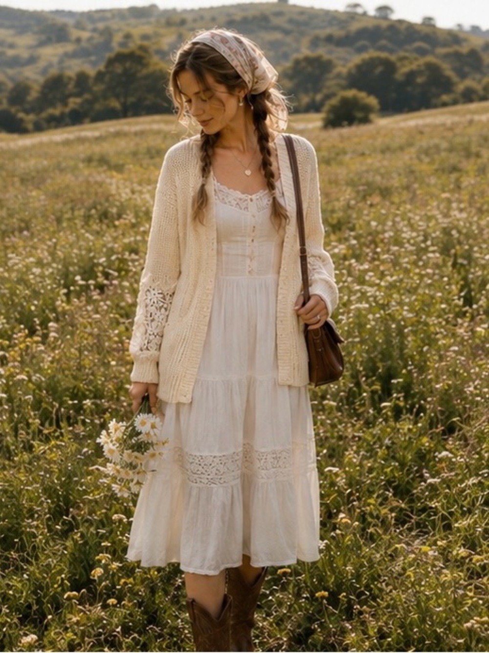 Chunky Knit Crochet Floral Long Sleeves Oversized Cream Cottagecore Cardigan - Picture 3 of 12